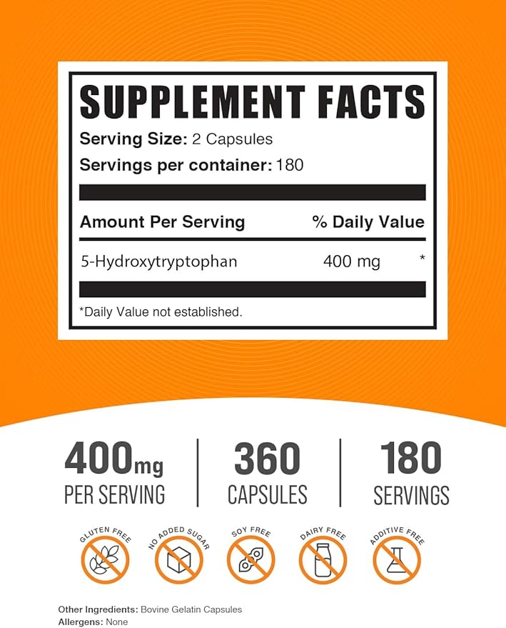 BulkSupplements.com 5-HTP Capsules - 5-Hydroxytryptophan, 5 HTP Supplement - 5-HTP 400mg, for Overall Well-Being - Gluten Free, 2 Capsules per Serving, 360 Capsules (Pack of 1)