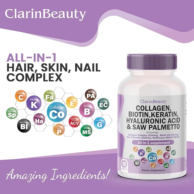 100% Natural Collagen Pills 1000mg Biotin 10000mcg Keratin Saw Palmetto 2500mg Hyaluronic Acid & Pumpkin Seed with Vitamin C and Vitamin E