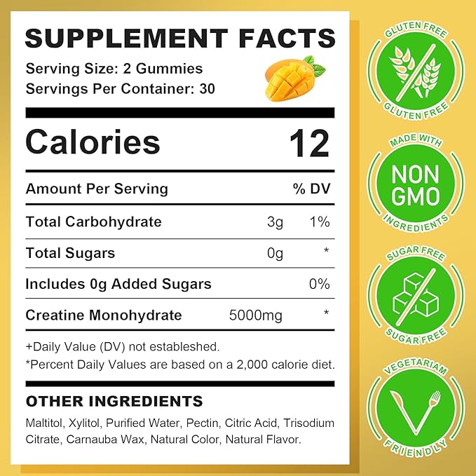 Creatine Monohydrate Gummies for Men & Women, Chewables Creatine Monohydrate for Muscle Strength, Muscle Builder, Energy Boost, Sugar Free, Vegan, Mango Flavor-60 Count