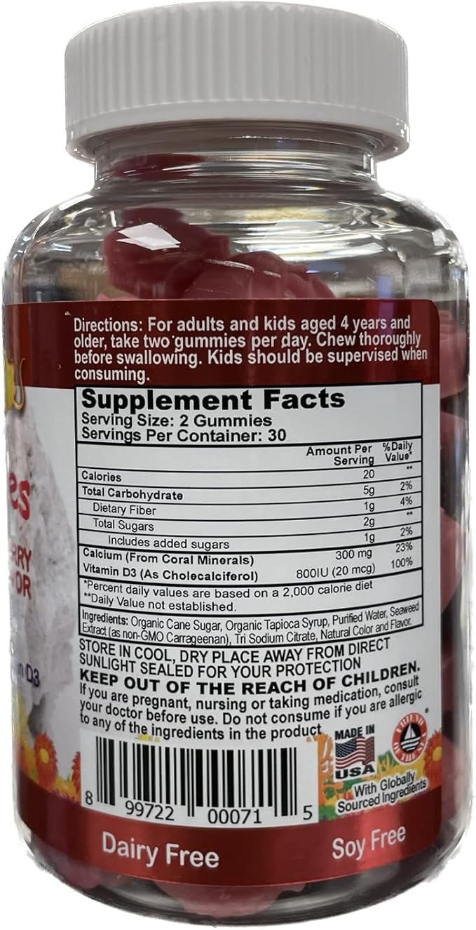 Coral Calcium Vitamin D3 Kids Gummy, Natural Cherry Flavor, Non GMO, Gluten-Free, Dairy-Free, Soy-Free and Gelatin Free - 300 mg of Calcium, and 800 IU of Vitamin D3-60 Gummies (4 Pack)