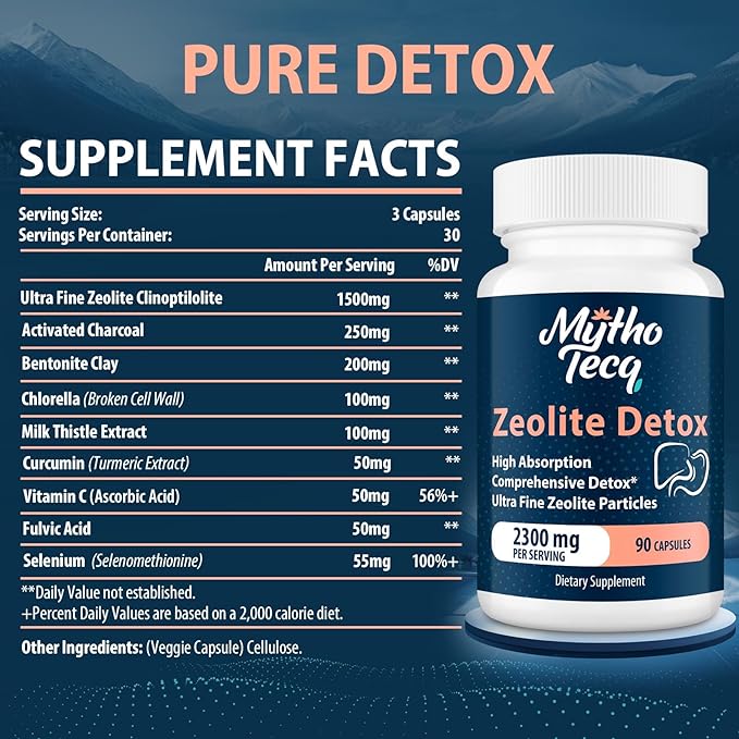 2300 MG Zeolite Detox Capsules - Activated Charcoal & Bentonite Clay, Highly Absorbable Full Body Detox, Liver & Gut Detox Cleanse, Zeolite Clinoptilolite for Heavy Metal Detox （180 Capsules）