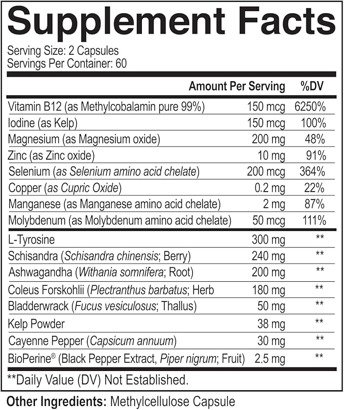 NutriFlair Thyroid Support Complex, 120 Capsules - with Iodine, Black Pepper, Ashwagandha, Vitamin B12 - Thyroid Supplement for Women and Men