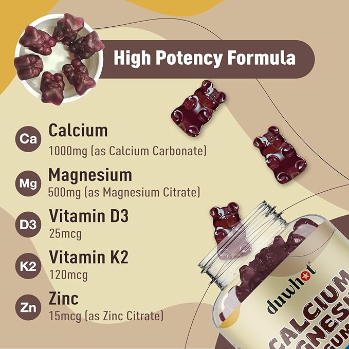 Calcium Magnesium Zinc Gummies for Women, Chewable Calcium Supplement 1000 mg Vitamin D3 & K2, Bone & Nerve Health, Muscle Function, Immune Support & Stress Relief, Blueberry Flavor, 120 Ct