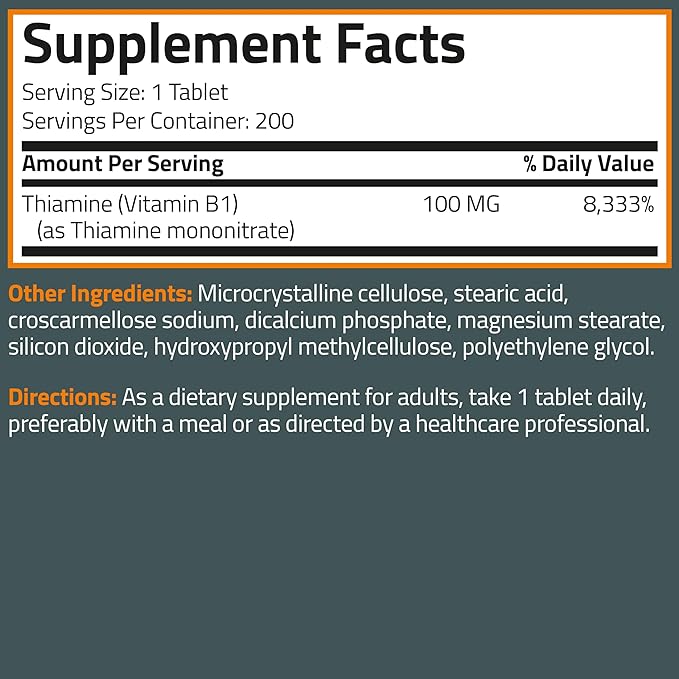 Bronson Vitamin B1 100 MG, Non-GMO, 200 Vegetarian Tablets