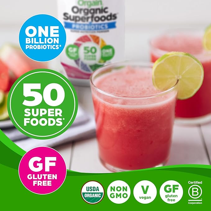 Orgain Organic Greens Powder + 50 Superfoods, Berry - 1 Billion Probiotics for Digestive Health, Antioxidants, Vegan, Plant-Based, Gluten-Free, Non-GMO, Green Juice & Smoothie Drink Mix - 0.62lb