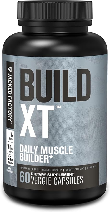Jacked Factory Build-XT Daily Muscle Builder & Performance Enhancer - Muscle Building Supplement for Muscular Strength & Growth | Trademarked Ingredients Peak02, ElevATP, & Astragin - 60 Veggie Pills