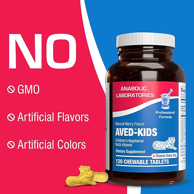 Vitamins for Kids Multivitamin with Iron - 120 Chewable Tiger Tablets with Vitamins A, B-Complex, C, D, E, Iron, Calcium, Magnesium, Zinc, and More - Natural Berry Flavor - AVED Kids