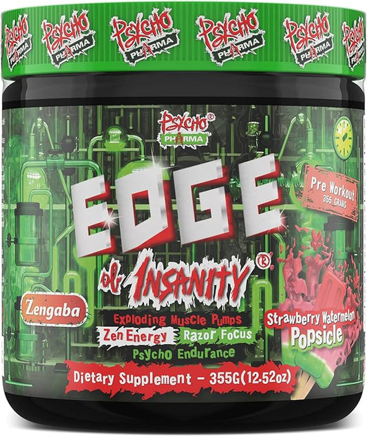 Psycho Pharma Strongest High Stim Preworkout Powder - Edge of Insanity - Most Intense Pre Workout Supplement for Pumps, Strength, Energy and Feel Good Focus. Rivals Famous PWOs of The Past