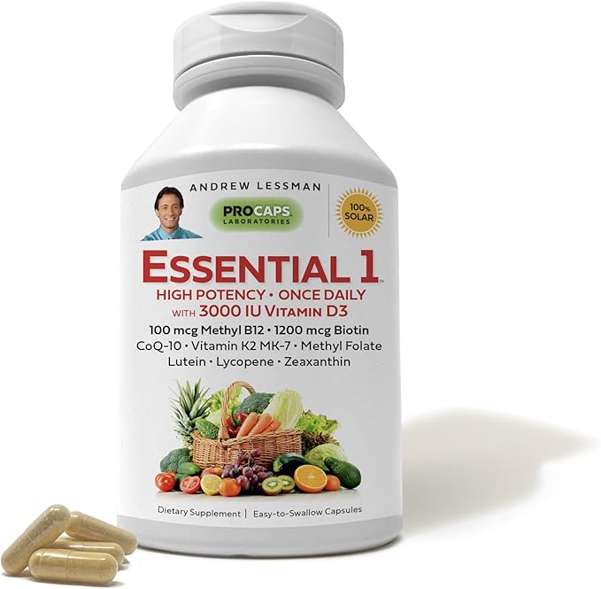 ANDREW LESSMAN Essential-1 Multivitamin 3000 IU Vitamin D3 180 Small Capsules – 100 mcg Methyl B12. CoQ10 Lutein Lycopene Zeaxanthin. High Potency. No Additives. Gentle Ultra-Mild. One Daily Capsule