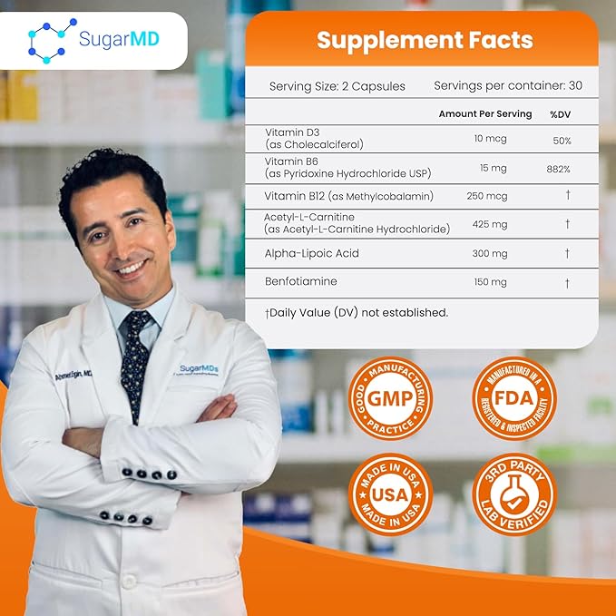 SugarMD Neuropathy Support Supplement – 60 Nerve Supplement Capsules with Alpha Lipoic Acid, Benfotiamine & Vitamin D3 B6 B12 - Nerve Support Supplement for Feet, Hands, Fingers & Legs - 30 Day Supply