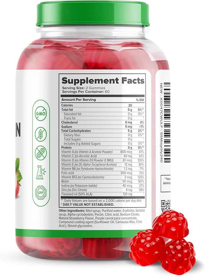 Sugar Free Multivitamin Gummies, 120 Gummies – Naturally Flavored and Sweetened Vitamin Gummy for Women and Kids – Strawberry Flavor