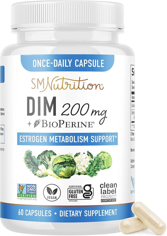DIM Supplement 200 mg | Estrogen Balance for Women & Men | Hormonal Acne Support, Hormone Balance, Menopause Support, Antioxidant Support | Clean Label Project Certified, Vegan, Soy Free | 60 Ct.