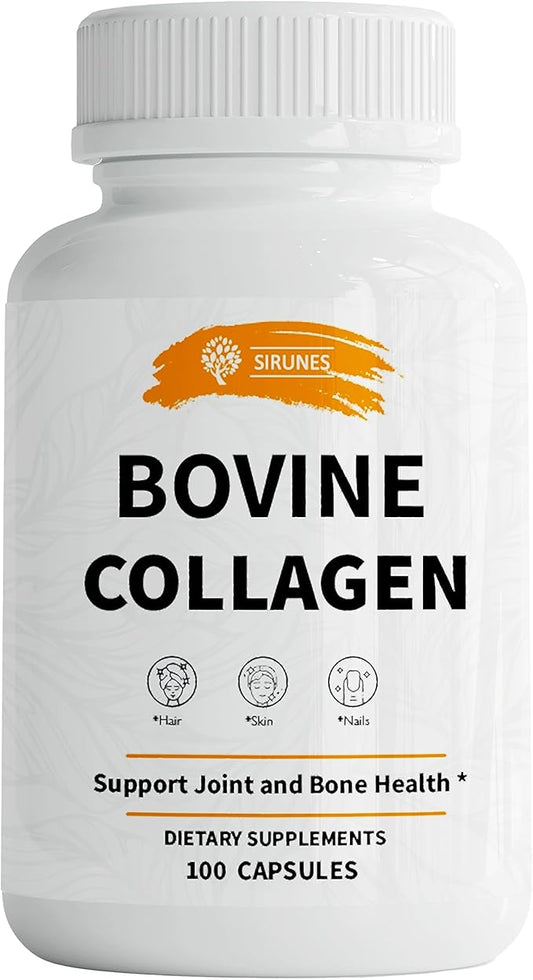 SIRUNES Bovine Collagen Supplements for Men and Women I Hydrolyzed Grass Fed Bovine Collagen Peptides Dietary Supplement for Joint, Nerve & Bone Support - Non-GMO, Anti-Aging - 100 Capsules