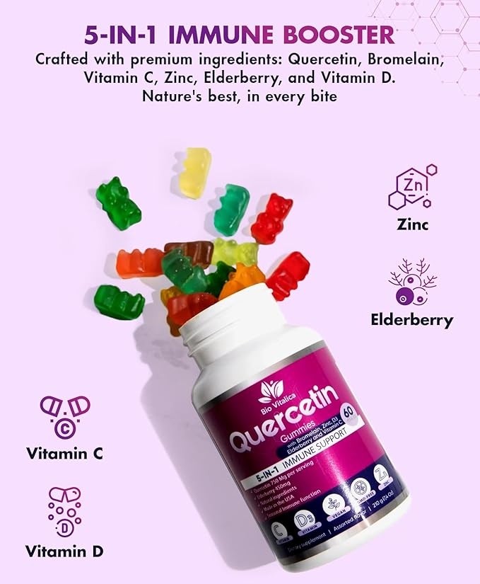 BIO VITALICA Quercetin Gummies by BioVitalica - Quercetin with Bromelain Vitamin C and Zinc & Elderberry + Vitamin D3-5 in 1 Immune Support - Zinc Quercetin 750 mg for Kids and Adult (5, Quercetin)