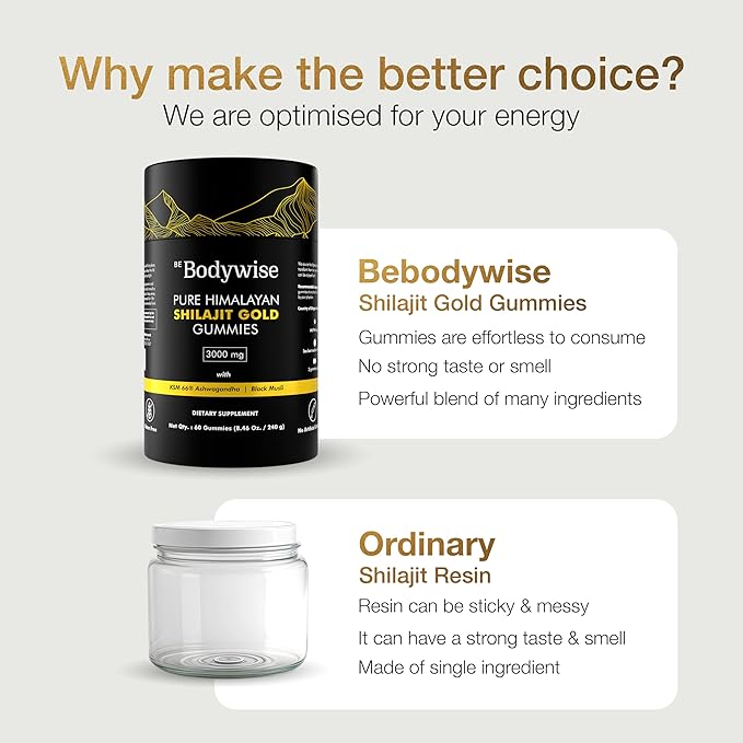 Be Bodywise Pure Himalayan Shilajit Gummies Gold I Lab Tested I No Added Sugar I Ashwagandha, Gokshura| Fulvic Acid & 85+ Trace Minerals I for Men, Women I Non-GMO I 100% Natural & Organic I 60 Gummy