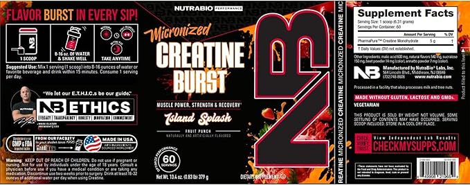 NutraBio Pure Creatine Monohydrate Powder Supplement, Island Splash, (300 g) - Supports Bulk Muscle Energy, Recovery, and Strength - HPLC Tested Pure Grade Creatine Powder Supplement for Men and Women
