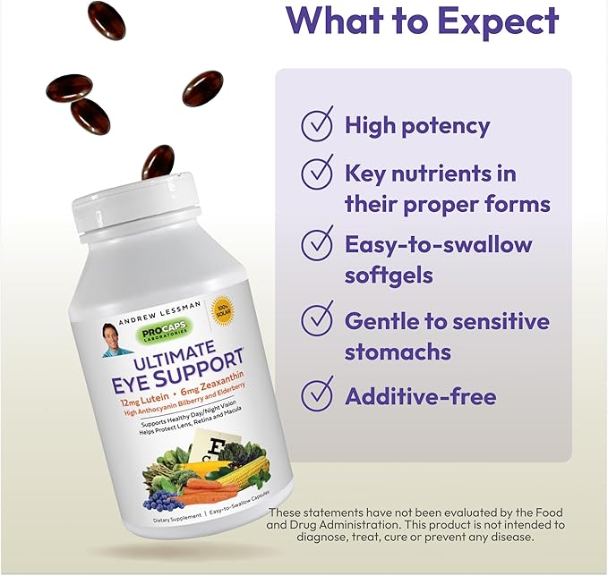 ANDREW LESSMAN Ultimate Eye Support 180 Softgels - 12mg Lutein, 6mg Zeaxanthin, Bilberry, Key Nutrients to Support Eye Health and Promote Healthy Vision. No Additives. Easy to Swallow Softgels