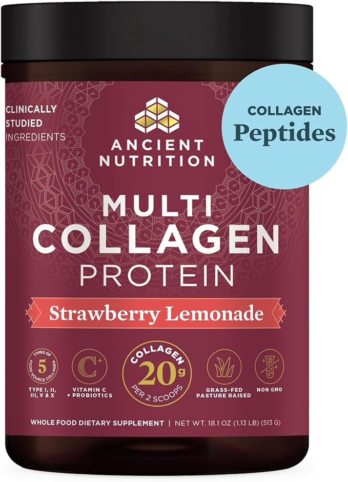 Ancient Nutrition Collagen Powder Protein, Multi Collagen Protein Powder, Strawberry Lemonade, 45 Servings, w/Vitamin C, Hydrolyzed Collagen Peptides for Skin, Nails, Gut Health and Joints, 18.1oz