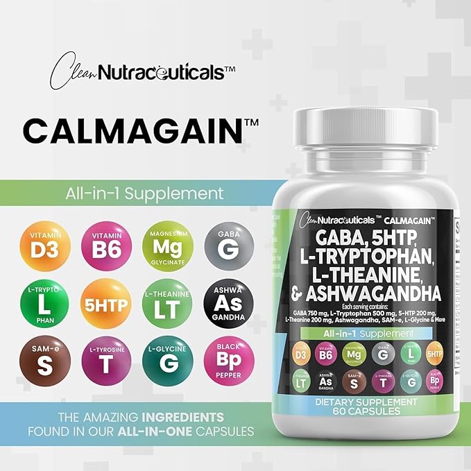 Clean Nutraceuticals GABA 750mg 5 HTP 200mg L Tryptophan 500mg L Theanine 200mg Ashwagandha SAM-e L-Glycine - Mood Support Vitamins for Women and Men with L-Tyrosine - Count