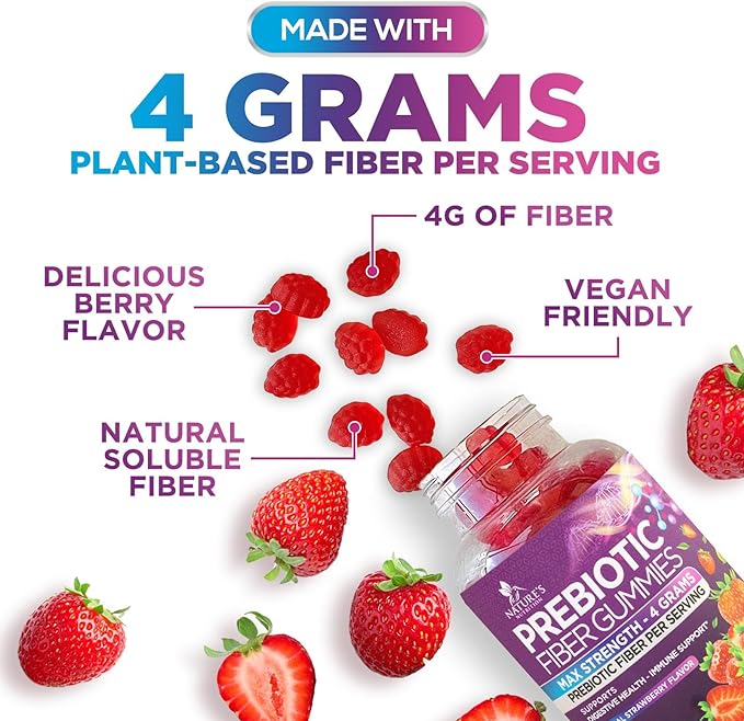 Fiber Gummies for Adults, Daily 4g Gummy Fiber Supplement, Prebiotic Digestive Health Support - Plant Based Soluble Fiber, Supports Regularity & Digestion for Adults Non-GMO - 60 Gummies