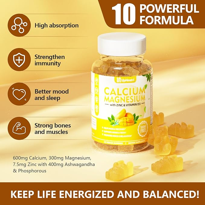 Calcium Magnesium Zinc with Vitamin D3 Supplement, Sugar Free Calcium Gummies for Women Men, High Absorption Zinc Gummies for Bone & Muscle & Immune Health, Vegan Mango Flavor - 120 Count