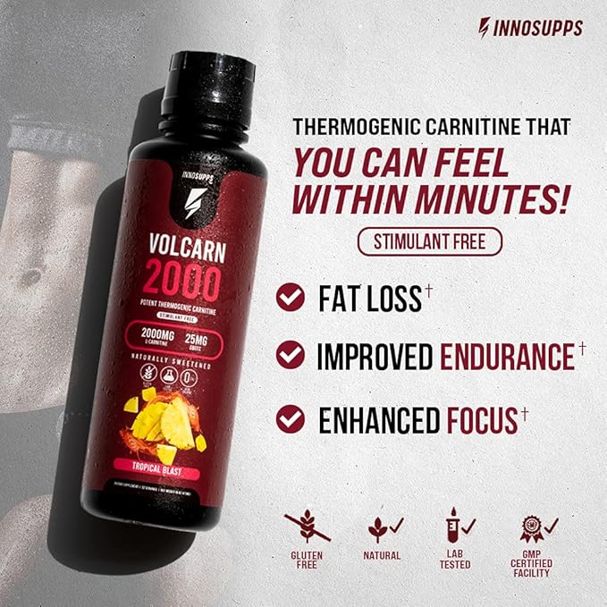 InnoSupps Volcarn 2000 - L-CARNITINE Advanced Energy Liquid | ATP Enhancer with GBEEC | Boosts Energy, Enhances Focus, Caffeine Free, No Artificial Sweeteners | 32 Servings (Pink Starblast)