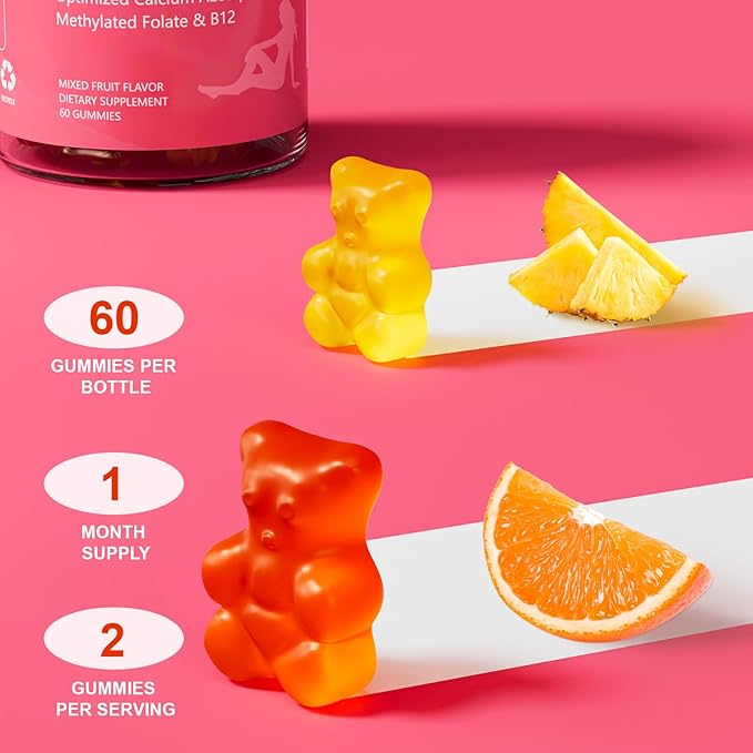 Calcium Gummies for Women 1200 mg, Unique Formula with Folate, B6, B12, D3, Magnesium, Zinc, Calcium Citrate Chewable Supplement for Bone, Skin Health, 60 Count