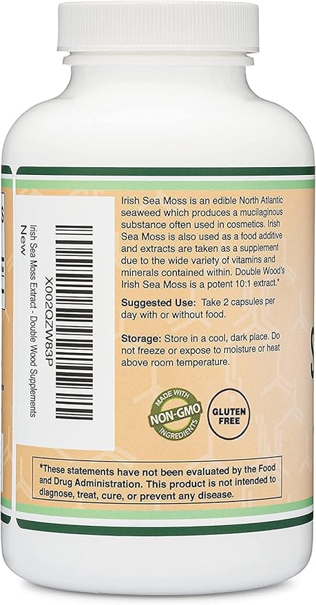 Irish Sea Moss Capsules, More Potent Than Sea Moss Gel Extract (180 Count, 1,200mg per Serving) (from Wildcrafted and Raw Chondrus Crispus) Nutrient Rich Superfood High in Minerals by Double Wood