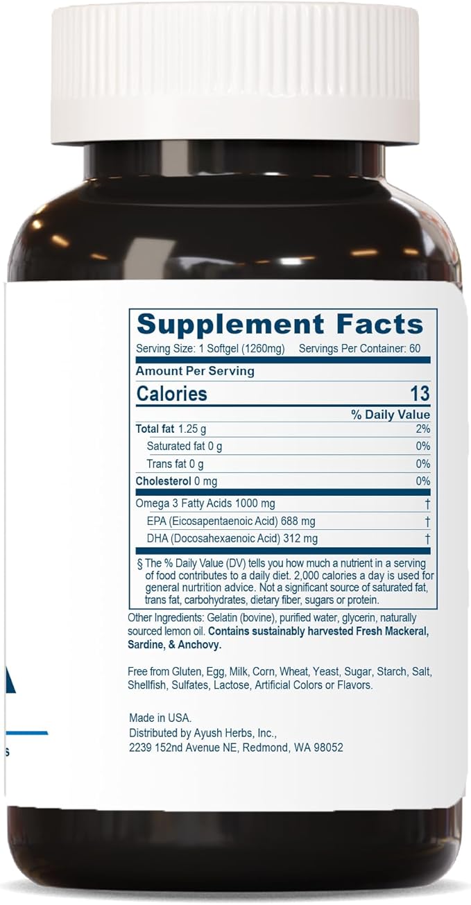 Ayush Herbs High Omega 3 - Omega 3 Fish Oil, 1000mg Per Capsule, EPA & DHA Fish Oil Supplement for Women & Men, Natural Lemon Flavor - 60 Softgel Capsules (1 Count)