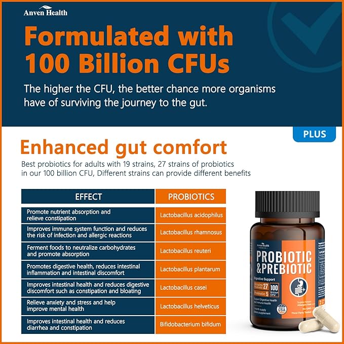 100 Billion Probiotics for Men and Women 27 Strains 5 Organic Prebiotics for Gut Digestive & Immune Health, Supports Diarrhea Gas Bloating, Vegan Probiotic Supplement Formula丨120 Caps