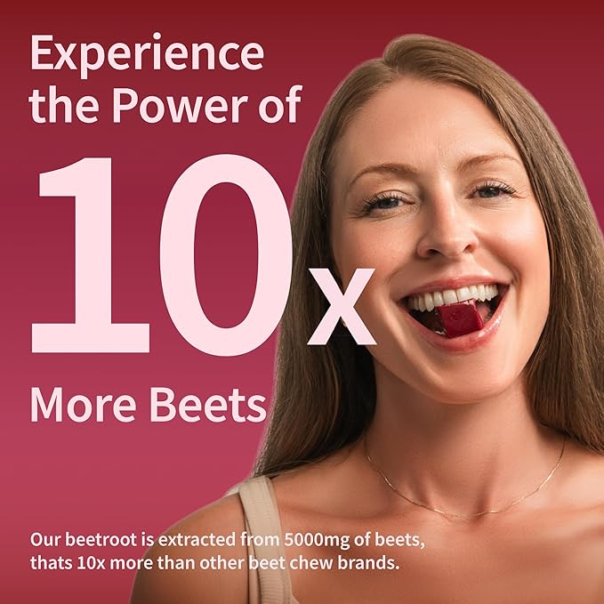 Snap Supplements Nitric Oxide Beet Chews, Nitric Oxide Booster, Natural Energy, Organic Beetroot Powder and COQ10, Support Healthy Blood Flow and Blood Circulation, Sugar-Free, 60 Soft Chews