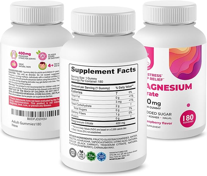 Dr. Moritz Magnesium Gummies for Adults - Low-Sugar Magnesium Gummies 400 mg - Easy to Chew Adult and Kids Magnesium Gummies (180 Count) - Raspberry Flavored Magnesium Citrate Gummies
