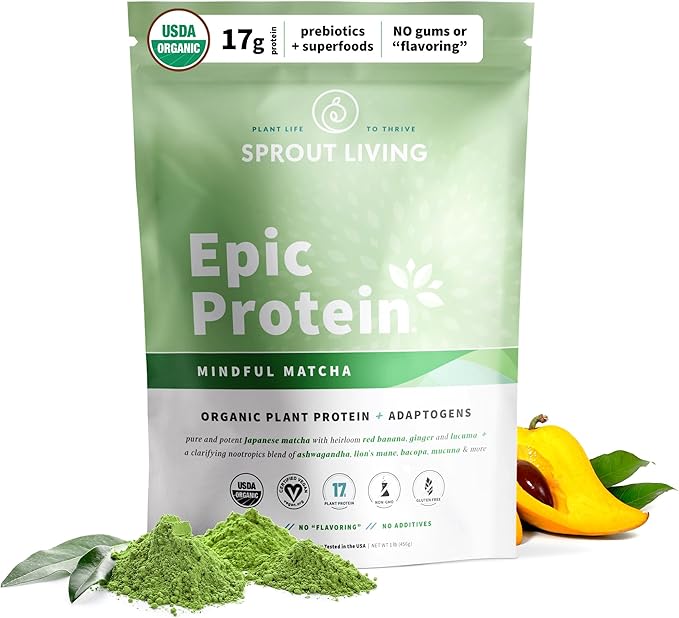 Sprout Living Epic Protein, Plant Based Protein & Superfoods Powder, Mindful Matcha | 17 Grams Organic Protein Powder, Vegan, Non-GMO, Gluten Free, Adaptogens + Nootropics (1 Pound, 12 Servings)