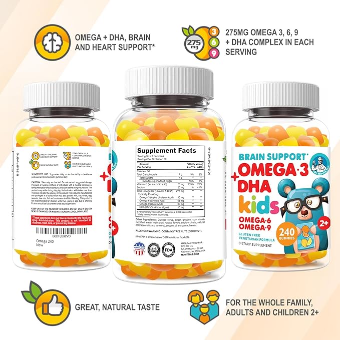 DR. MORITZ Omega 3 Kids Gummies (180 Count), Vegan Omega 3 Gummies for Kids with No Fish Oil, Omega 3 DHA Kids Vitamins for Brain & Heart Health, Gluten-Free Omega 3 6 9 Gummies