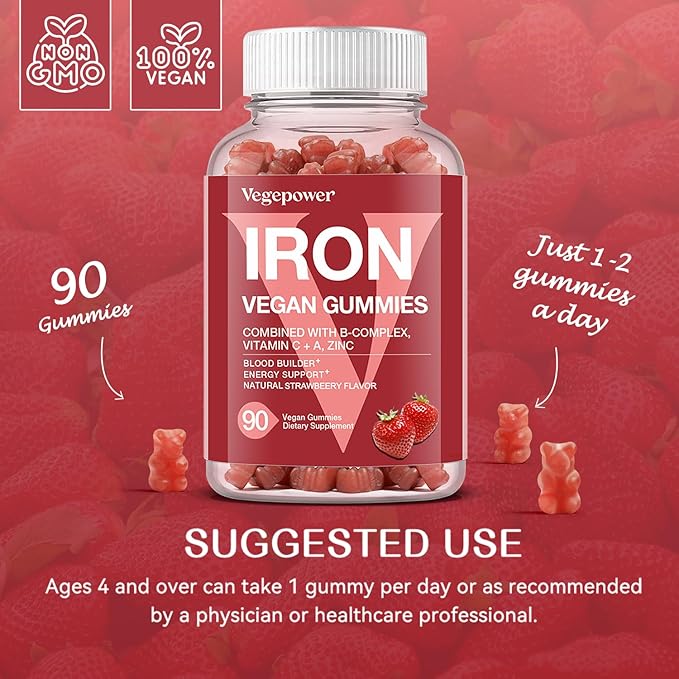 Iron Gummies Supplements for Women & Kids - Multivitamin with Iron for Blood Oxygen, Great Tasting Iron Gummy Vitamins with Vitamin C for Max Absorption - Vegan Iron Chewable (180 Count, Strawberry)