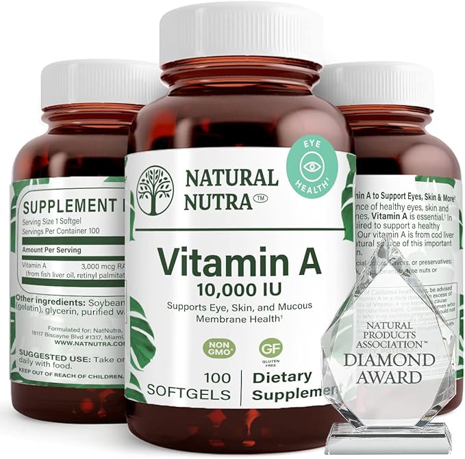 Natural Nutra Vitamin A 10,000 IU, Dietary Supplement from Cod Liver Oil, Extra Strength for Eye, Skin, Nails Health with Omega 3, 100 Gluten Free Softgels (3 Pack)