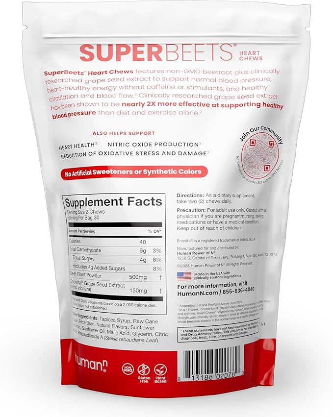 humanN SuperBeets Heart Chews, Nitric Oxide and Blood Pressure Support, Grape Seed Extract & Non-GMO Beet Root Powder Energy Chew, Pomegranate Berry Flavor, 180 Count