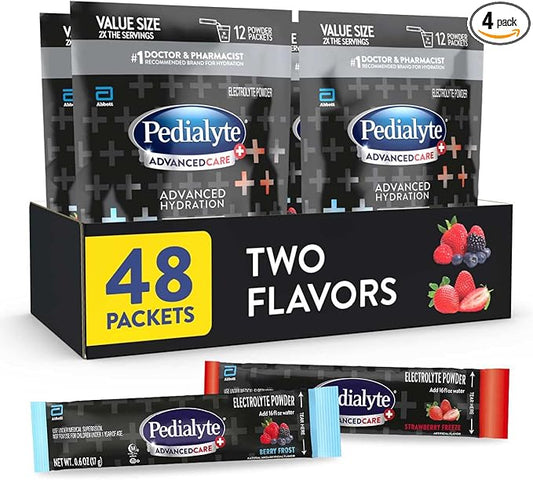 Pedialyte AdvancedCare Plus Electrolyte Powder, Strawberry Freeze And Berry Frost, With 33% More Electrolytes and Has PreActiv Prebiotics, 0.6 Oz Powder Packs (48 Count)