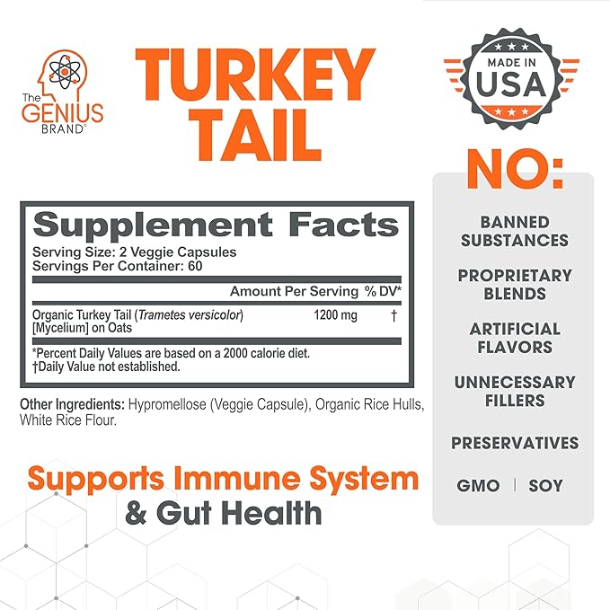 Genius Turkey Tail Supplement Capsules – Organic, Comprehensive Digestive and Gut Health Support – 120 Capsules