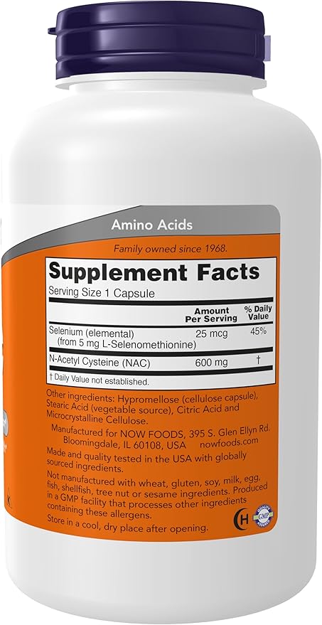 NOW Supplements, NAC (N-Acetyl Cysteine) 600 mg with Selenium, 250 Veg Capsules