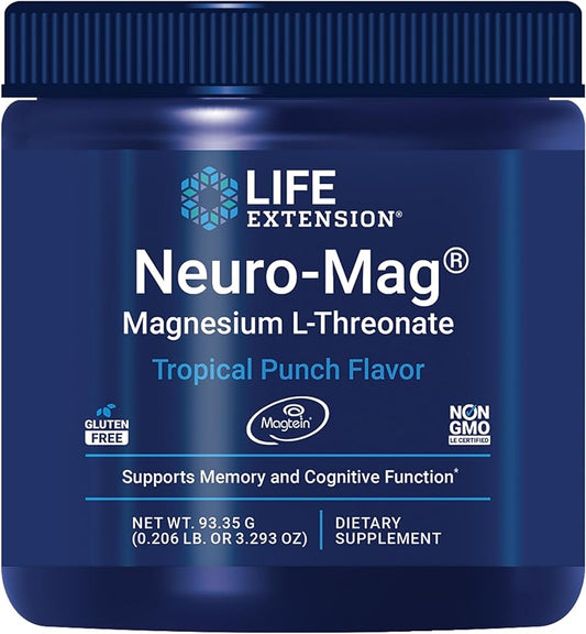 Life Extension Neuro-Mag Magnesium L-Threonate Powder (Tropical Punch) - Ultra-Absorbable - Supports Memory, Focus, Cognitive Function & Mood - Gluten No, Non-GMO, Vegetarian (30 Servings)