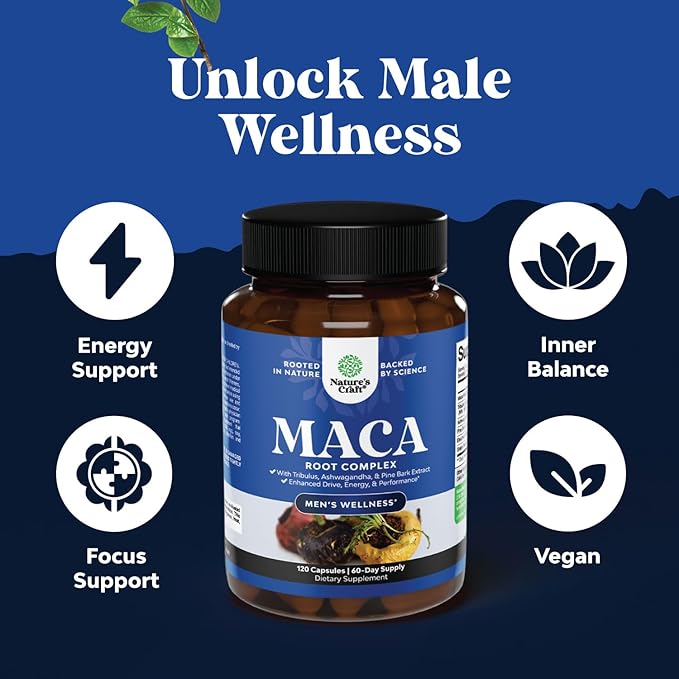 Potent Black Maca Root Capsules for Men - Herbal Wellness Supplement with Siberian Ginseng Ashwagandha and Black Maca Root - Men’s Wellness Supplement to Support General Health (60 Servings)