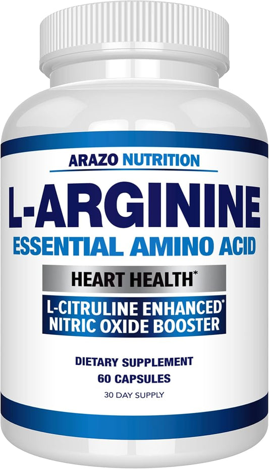 Arazo Nutrition Premium L Arginine - 1340mg Nitric Oxide Booster with L-Citrulline & Essential Amino Acids for Muscle Gain and Energy - Powerful NO Booster to Train Longer & Harder – 60 Capsules