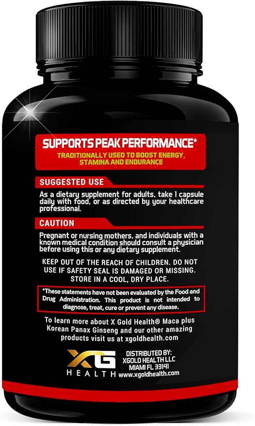 Maca Root Capsules 10,000mg + Korean Panax Ginseng 1,400mg - 20x Concentrated Extract Black + Red + Yellow Maca Root, 10x Concentrated Extract Panax Ginseng Capsules - Ultra Potent & Highly Purified