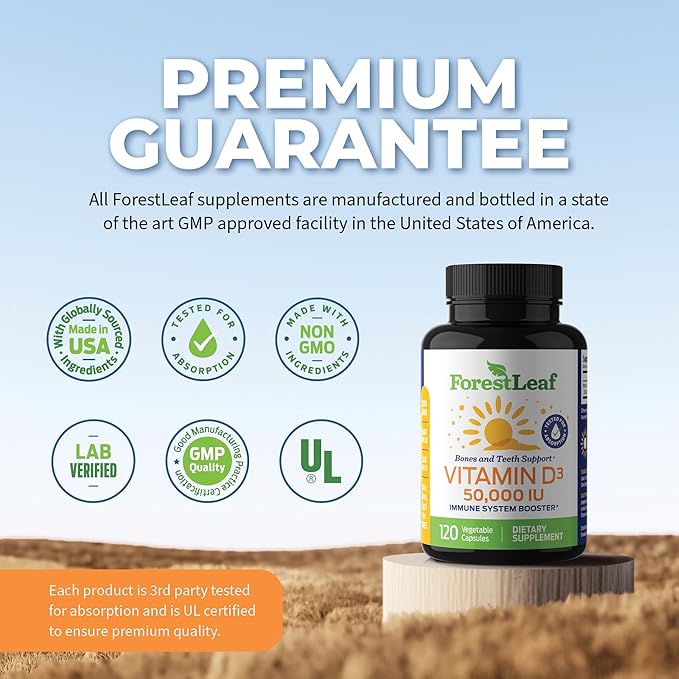 ForestLeaf Vitamin D3 50000 IU - Bone Health and Immune Support - Small Easy to Swallow Capsules - Non-GMO Gluten Free VIT D - VIT D3 Vitamin D Supplements for Women and Men, 120 Count