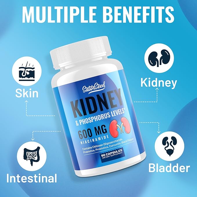 Kidney Support Supplement Cleanse Detox Kidney Chitosan Oligosaccharides Supplement Niacinamide 600mg, Kidney & Phosphorus Levels, Prebiotics & Probiotics, Curcumin & Black Pepper - 60 Capsules