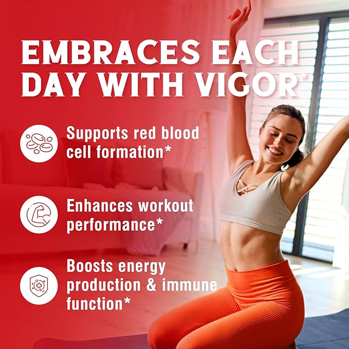 Iron Supplement for Women & Men, with Vitamins C, B6, B12 & Folate for Iron Deficiency, Blood Building & Energy Support, Stomach Friendly, Better Absorption, Non-GMO, No Gluten, 60 Vegan Caps