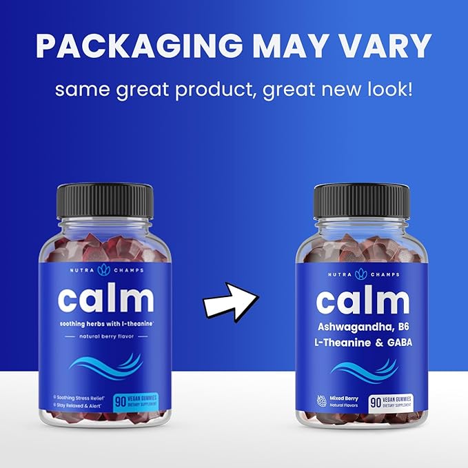 Calm Gummies | Stress Gummies Supplement with Ashwagandha, L-Theanine, GABA, Vitamin B6 & Lemon Balm | Supports Mood, Focus & Stress Relief | Vegan & Non-GMO | Natural Berry | 90 Gummies