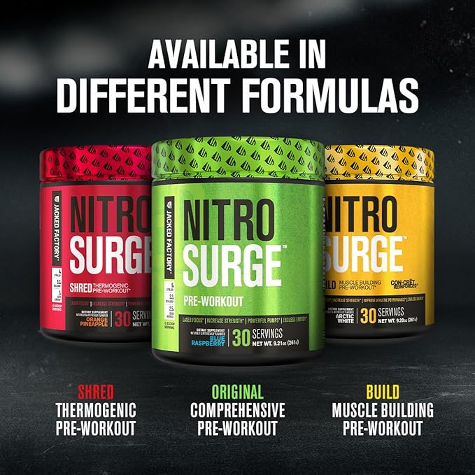 Jacked Factory NITROSURGE Pre Workout Supplement - Endless Energy, Instant Strength Gains, Clear Focus, Intense Pump - NO Booster & Preworkout Powder with Beta Alanine - 30 Servings, Sour Peach Rings