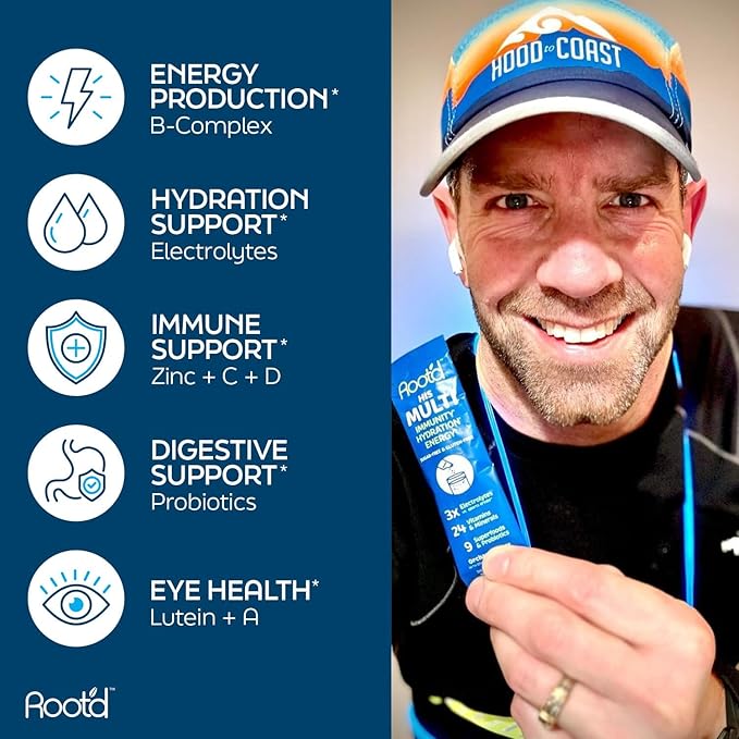 Root'd Multivitamin Powder with 3X Electrolytes for Men - 24 Vitamins & Minerals, 3X Electrolytes, 9 Organic Superfoods, Probiotics & Enzymes, Sugar-Free Multivitamin & Hydration | 24 Packets